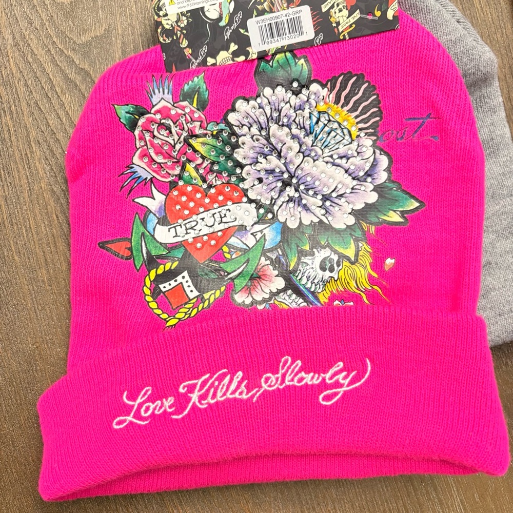 2 Ed Hardy Love Kills Slowly Vibrant Pink & Gray Adult Beanie w/Floral Design